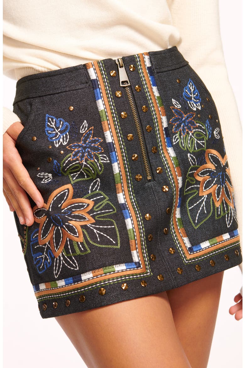 Gunnar Stud Detail Floral Embroidery Denim Miniskirt, Alternate, color, DARK INDIGO
