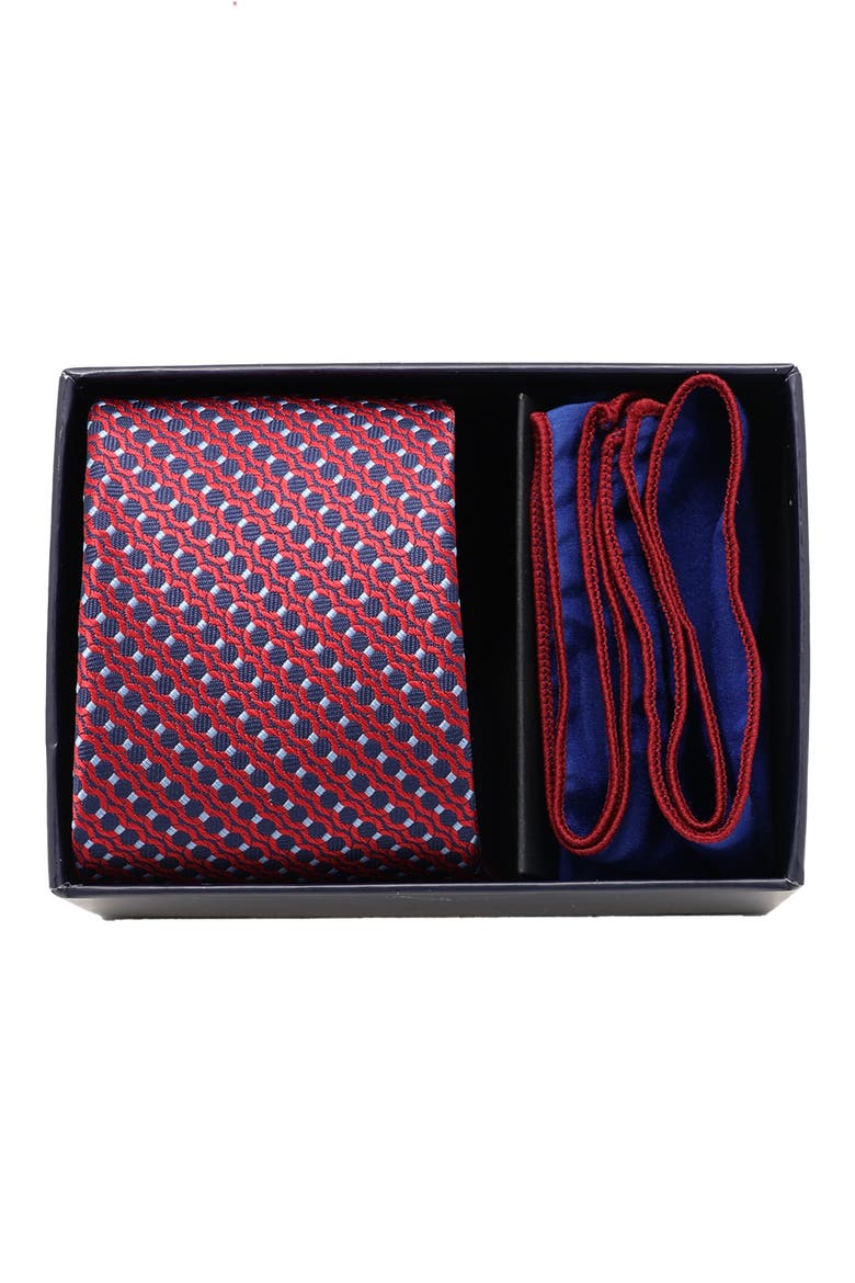 Geometric Tie & Pocket Square Box Set, Alternate, color, NAVY RED