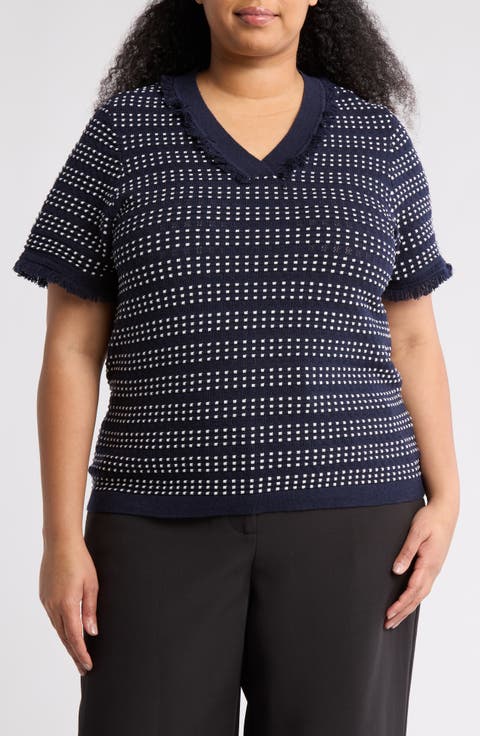 Fringe Trim Short Sleeve Crop Sweater (Plus)