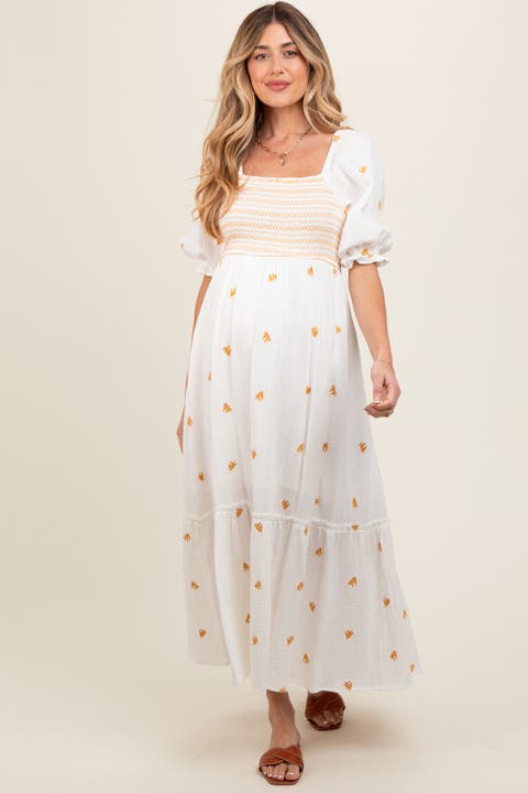 Gauze Smocked Embroidered Square Neck Midi Dress