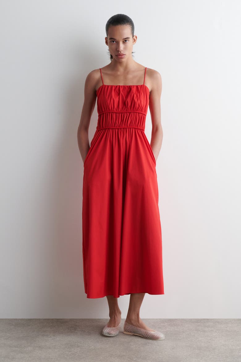 Gathered Cotton Midi Dress, Main, color, RED