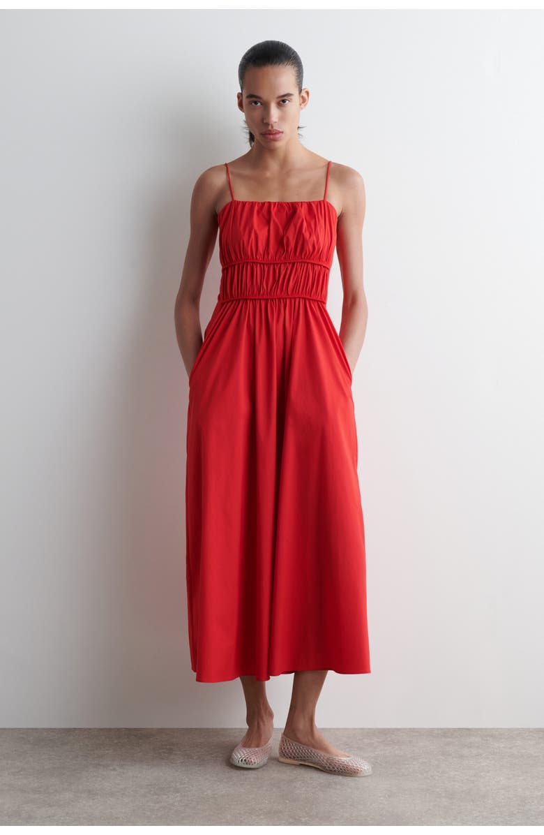 COS Gathered Cotton Midi Dress, Main, color, Red