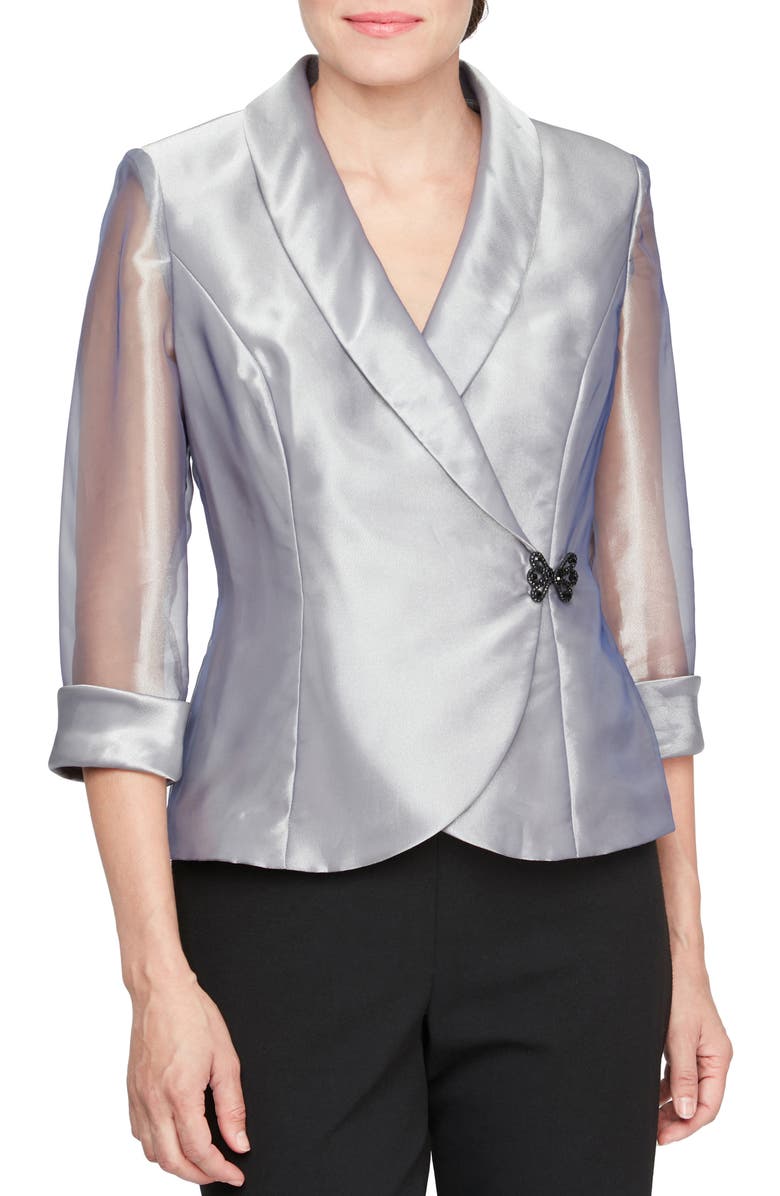 Alex Evenings Sheer Sleeve Organza Wrap Top, Main, color, Steel