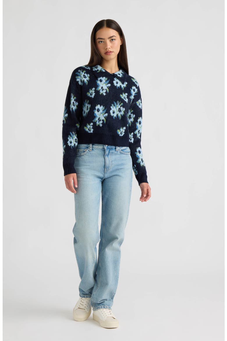 Floral Jacquard Collared Sweater, Alternate, color, NAVY/ BLUE FLORAL