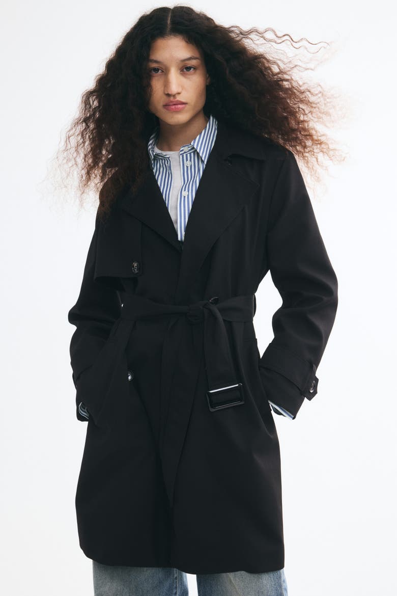 Knee-Length Twill Trench Coat, Alternate, color, Black