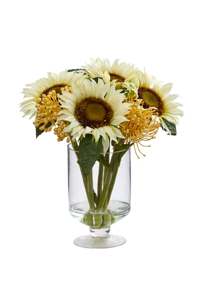 12-in Sunflower & Sedum Artificial Arrangement in Vase, Main, color, White