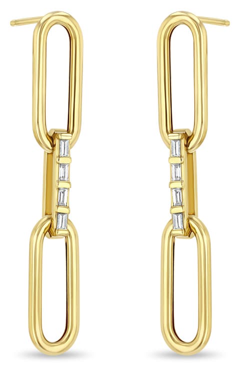 Large Paperclip Chain with Baguette Diamond Link Drop Earrings