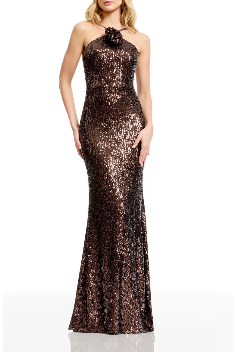 Noemi Rosette Sequin Halter Gown, Main, color, MOCHA