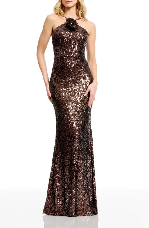 Noemi Rosette Sequin Halter Gown
