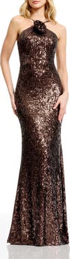 Dress the Population Noemi Rosette Sequin Halter Gown