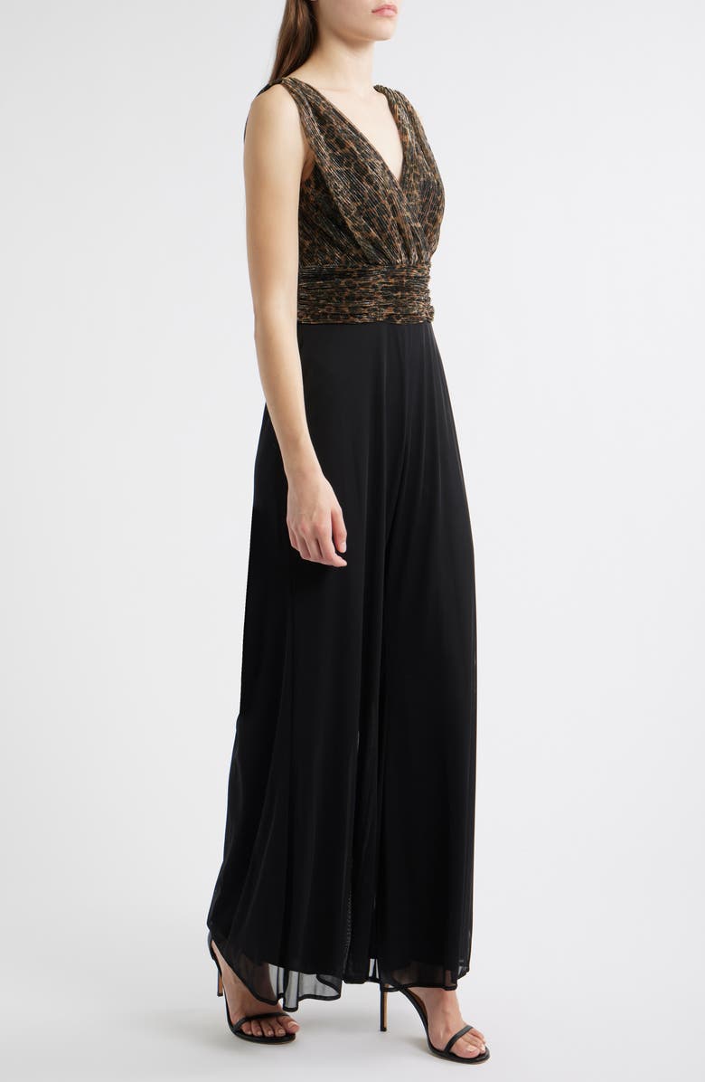Connected Apparel Metallic Leopard Print Bodice Chiffon Jumpsuit, Alternate, color, Black