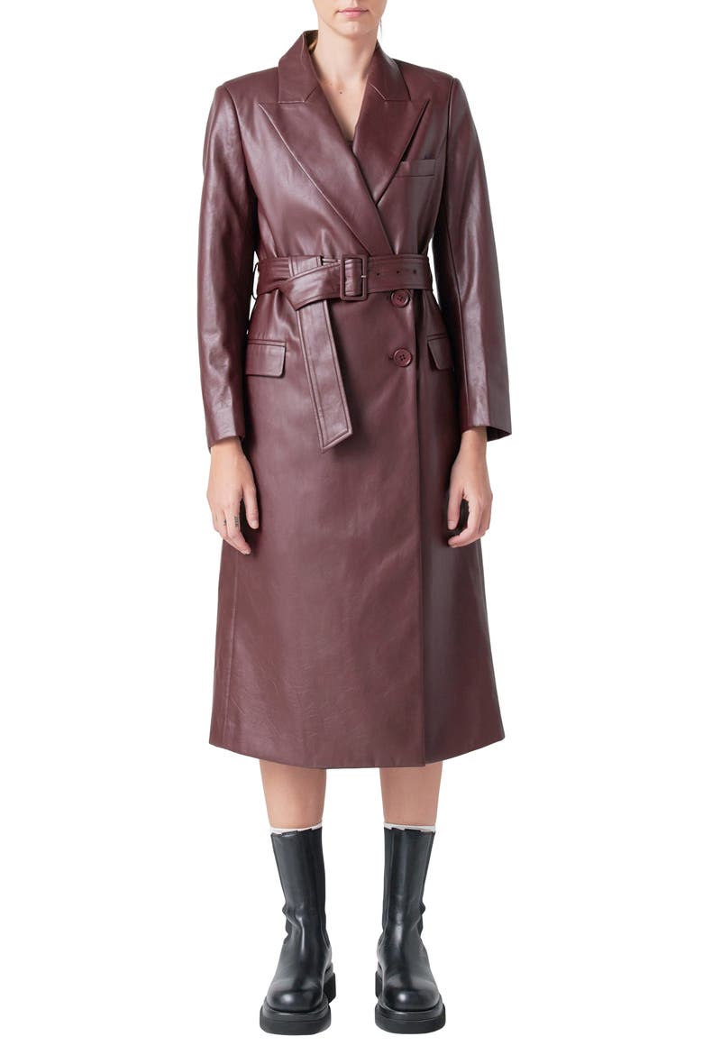 Faux Leather Belted Trench Coat, Main, color, BURGUNDY