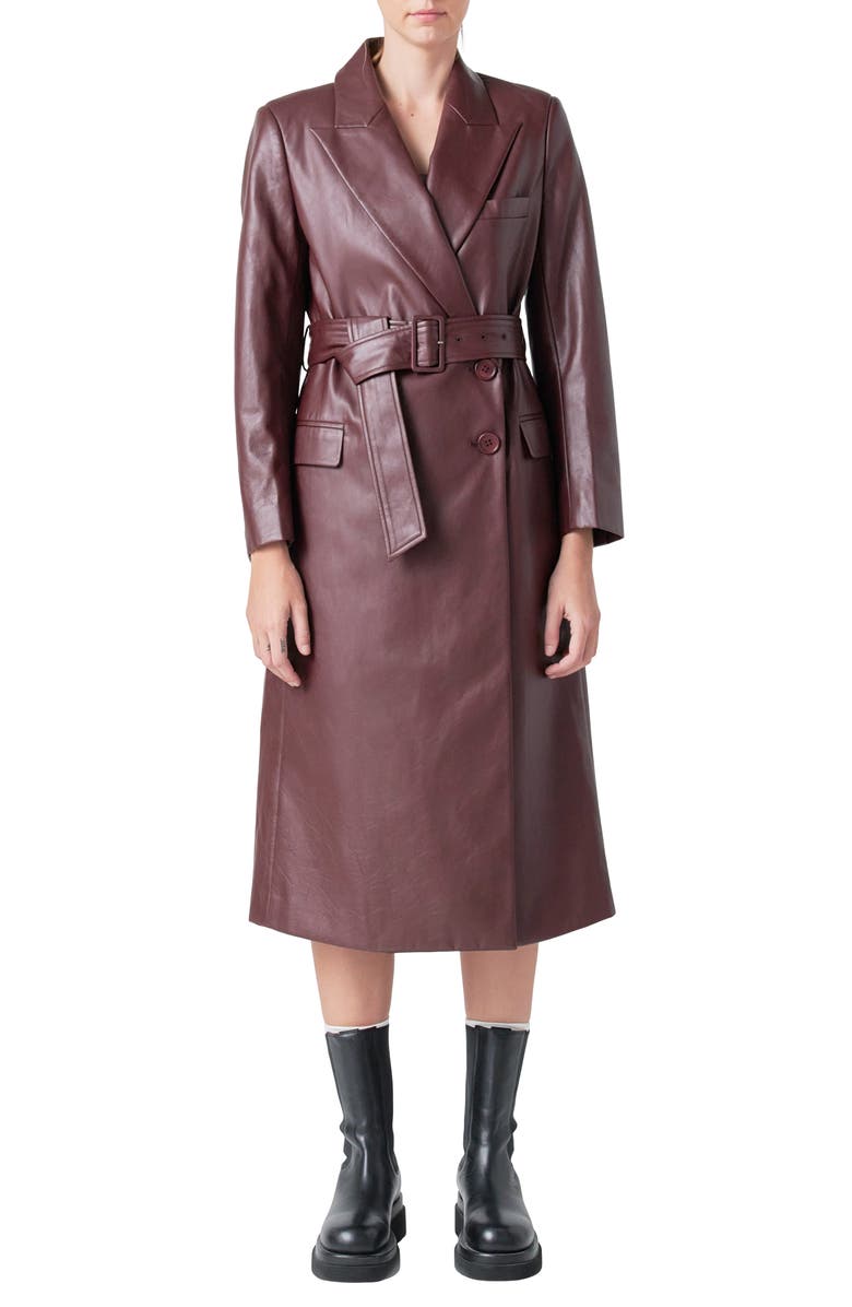 Endless Rose Faux Leather Belted Trench Coat, Main, color, Burgundy