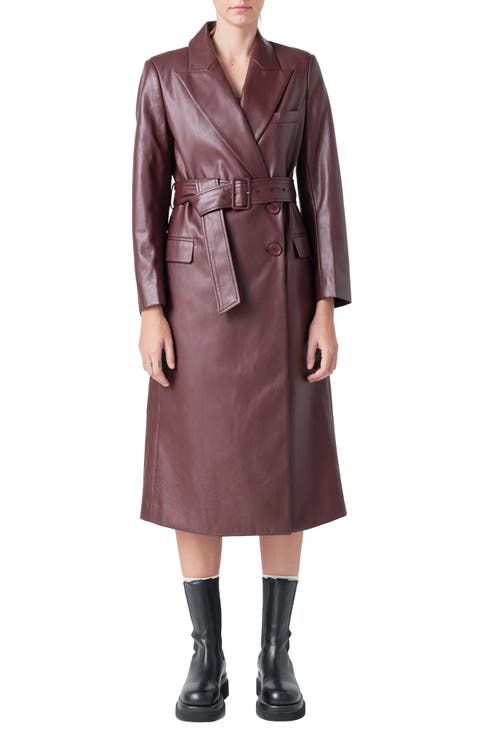 Faux Leather Belted Trench Coat