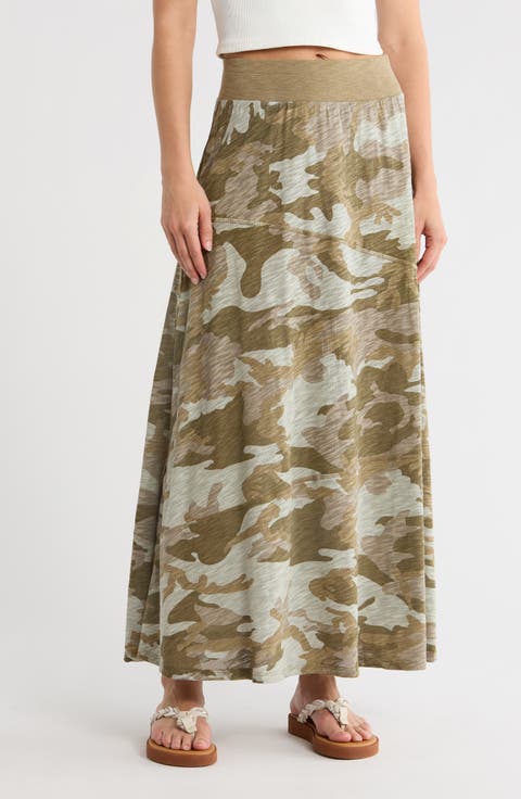 Camo Print Cotton Maxi Skirt