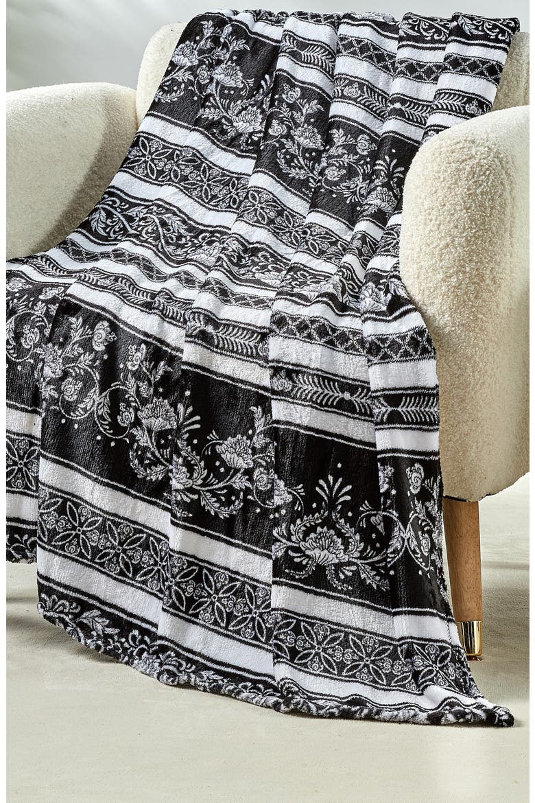 Odelia Floral Stripe Plush Throw Blanket, Alternate, color, BLACK MULTI