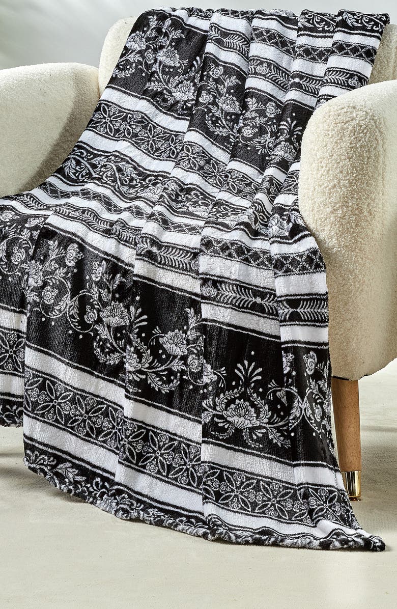 Luxury Home Odelia Floral Stripe Plush Throw Blanket, Alternate, color, Black Multi