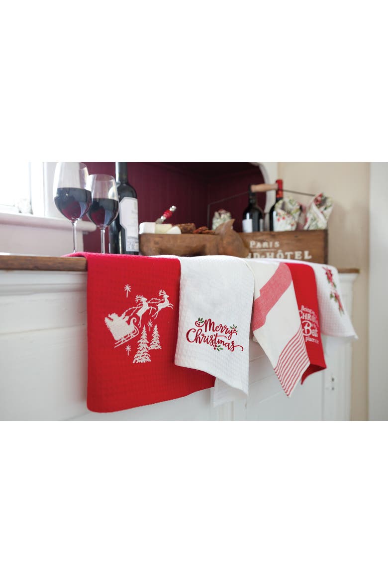 Merry Christmas Holly Leaves Waffle Weave Cotton Kitchen Towel, Alternate, color, White