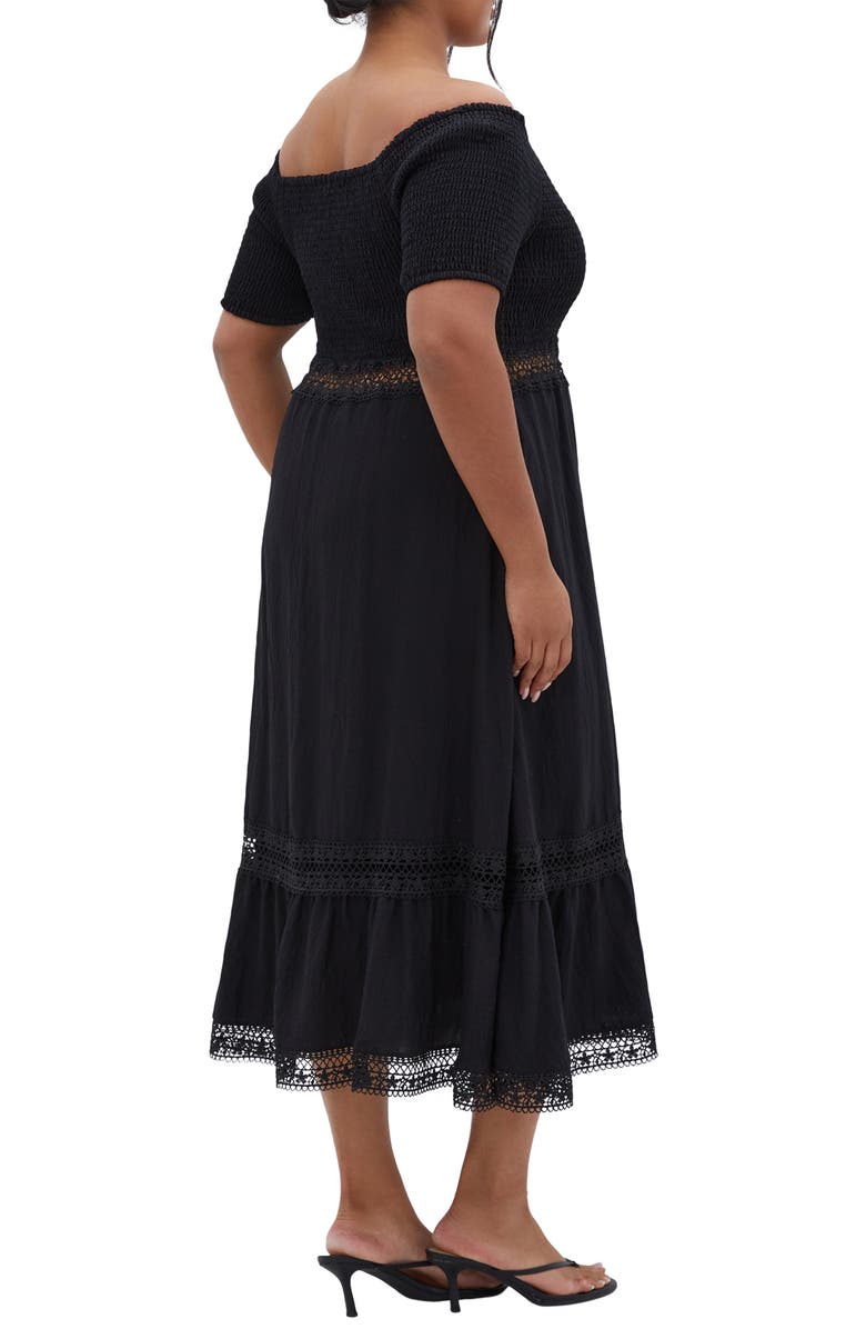 City Chic Aura Smocked Off-the-Shoulder Midi Dress, Alternate, color, Black