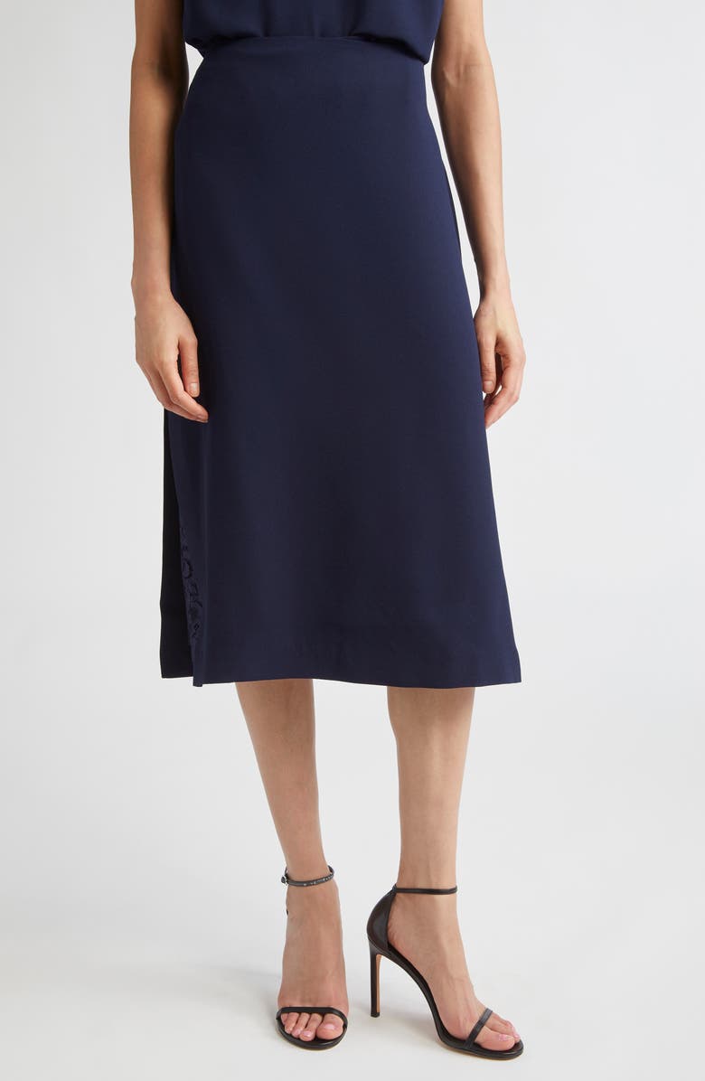 ST. JOHN Lace Inset Satin Back Crepe Skirt, Main, color, Midnight