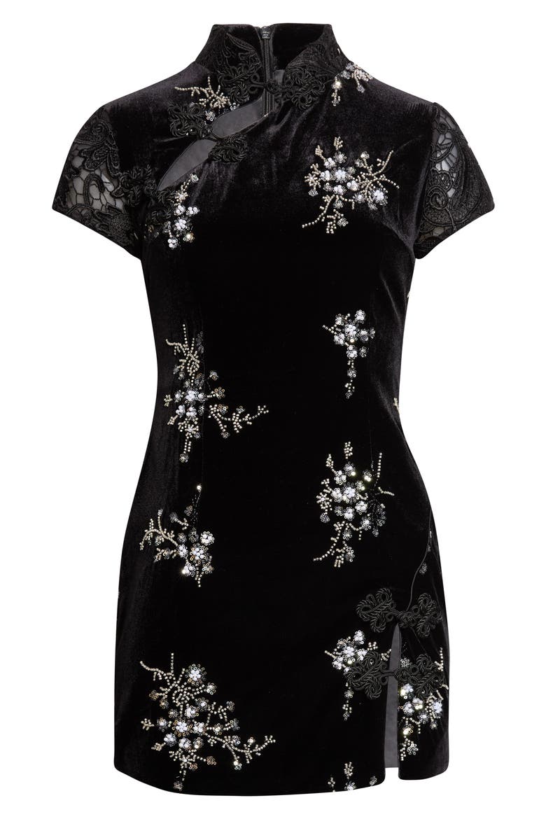 Haylee Beaded Lace Trim Velvet Qipao Minidress, Main, color, BLACK