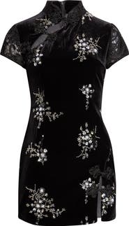 KIM SHUI Haylee Beaded Lace Trim Velvet Qipao Minidress