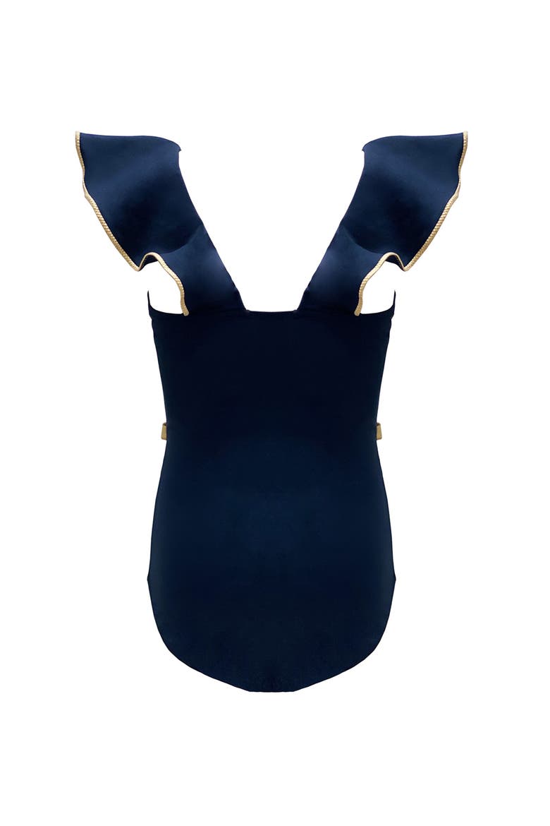 Gilded-Edge Ruffle V-Neck Belted One Piece Swimsuit, Toddler-Little Kid,Big Kid, Alternate, color, Black