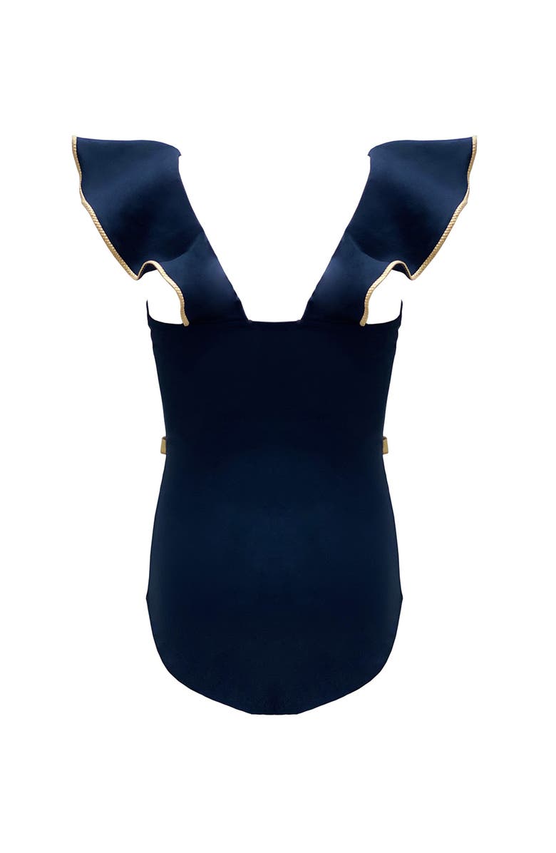 NESSI BYRD Gilded-Edge Ruffle V-Neck Belted One Piece Swimsuit, Toddler-Little Kid,Big Kid, Alternate, color, Black