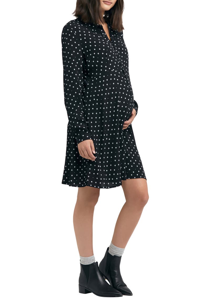 Fifi Polka Dot Long Sleeve Maternity//Nursing Shirtdress, Alternate, color, BLACK
