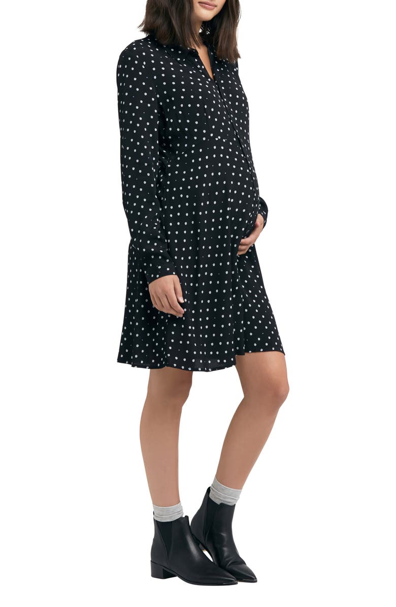 Ripe Maternity Fifi Polka Dot Long Sleeve Maternity//Nursing Shirtdress, Alternate, color, Black
