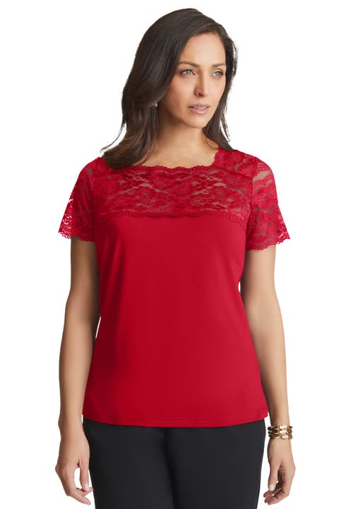Jessica London Stretch Lace Neckline Top In Red