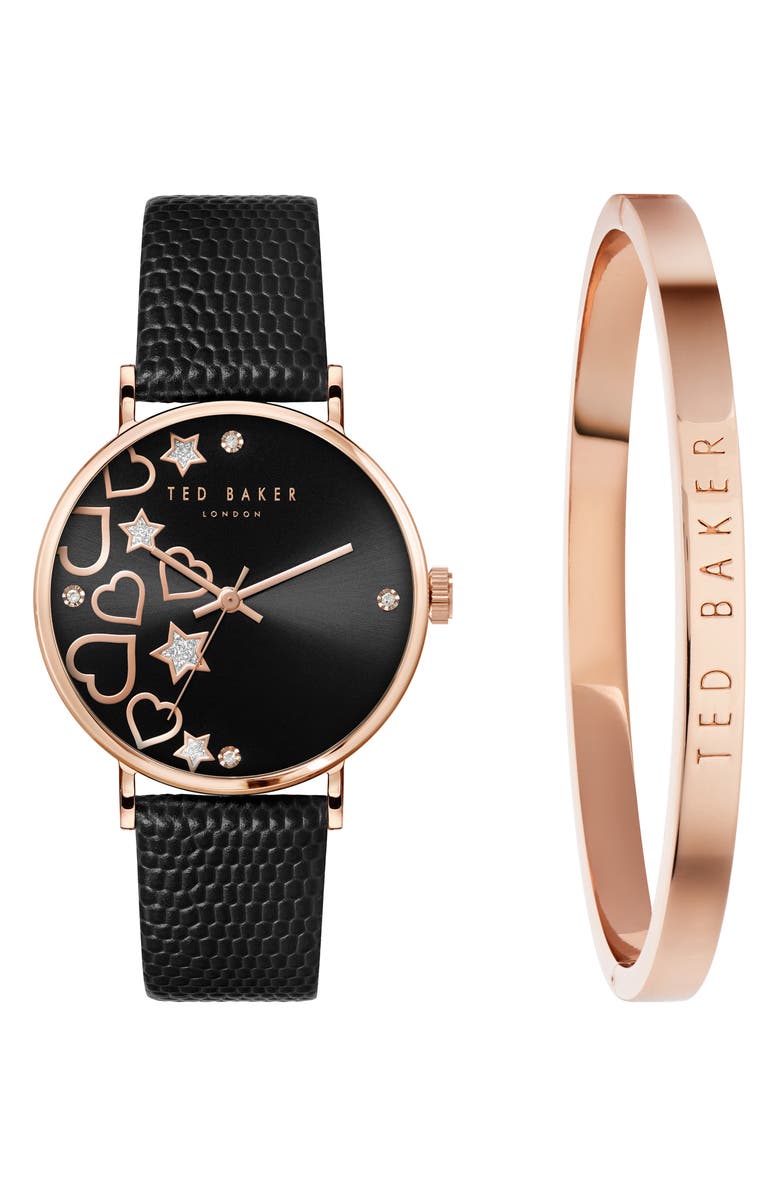 Ted Baker London Phylipa Leather Strap Watch & Bangle Bracelet Set, 34mm, Main, color, Rose Gold/ Black/ Black