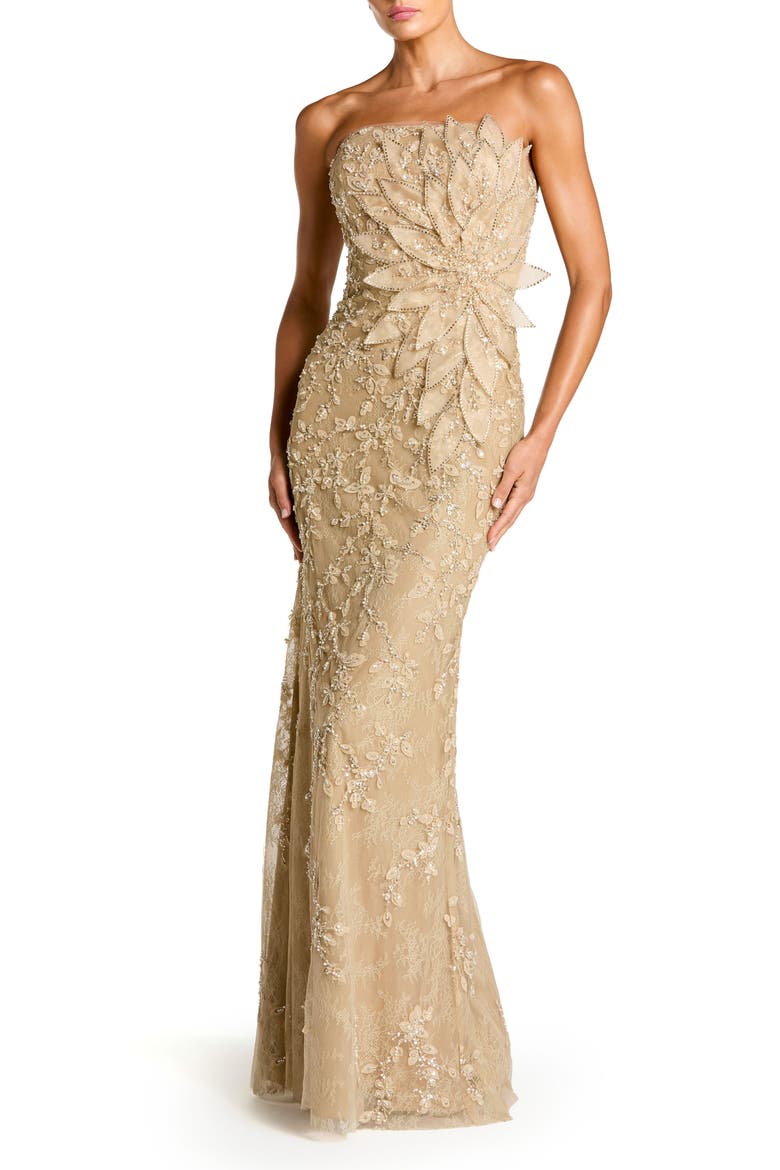 Women’s Beaded Mermaid Gown with 3D Flowers, Main, color, Gold