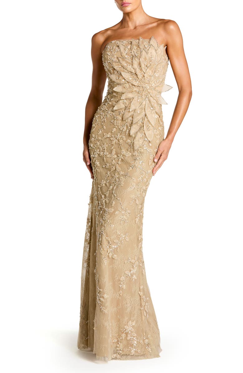 Mac Duggal Beaded Strapless Mermaid Gown With 3D Flowers, Main, color, Gold