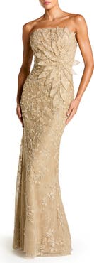 Mac Duggal Beaded Strapless Mermaid Gown With 3D Flowers