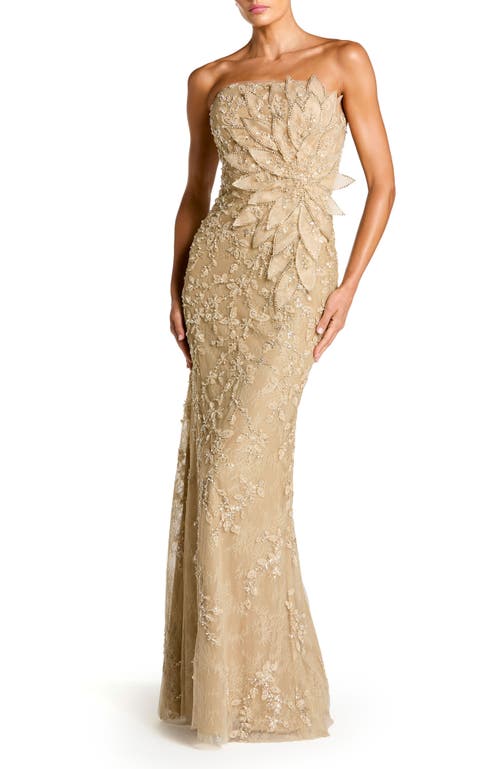 Mac Duggal Beaded Strapless Mermaid Gown With 3d Flowers In Gold