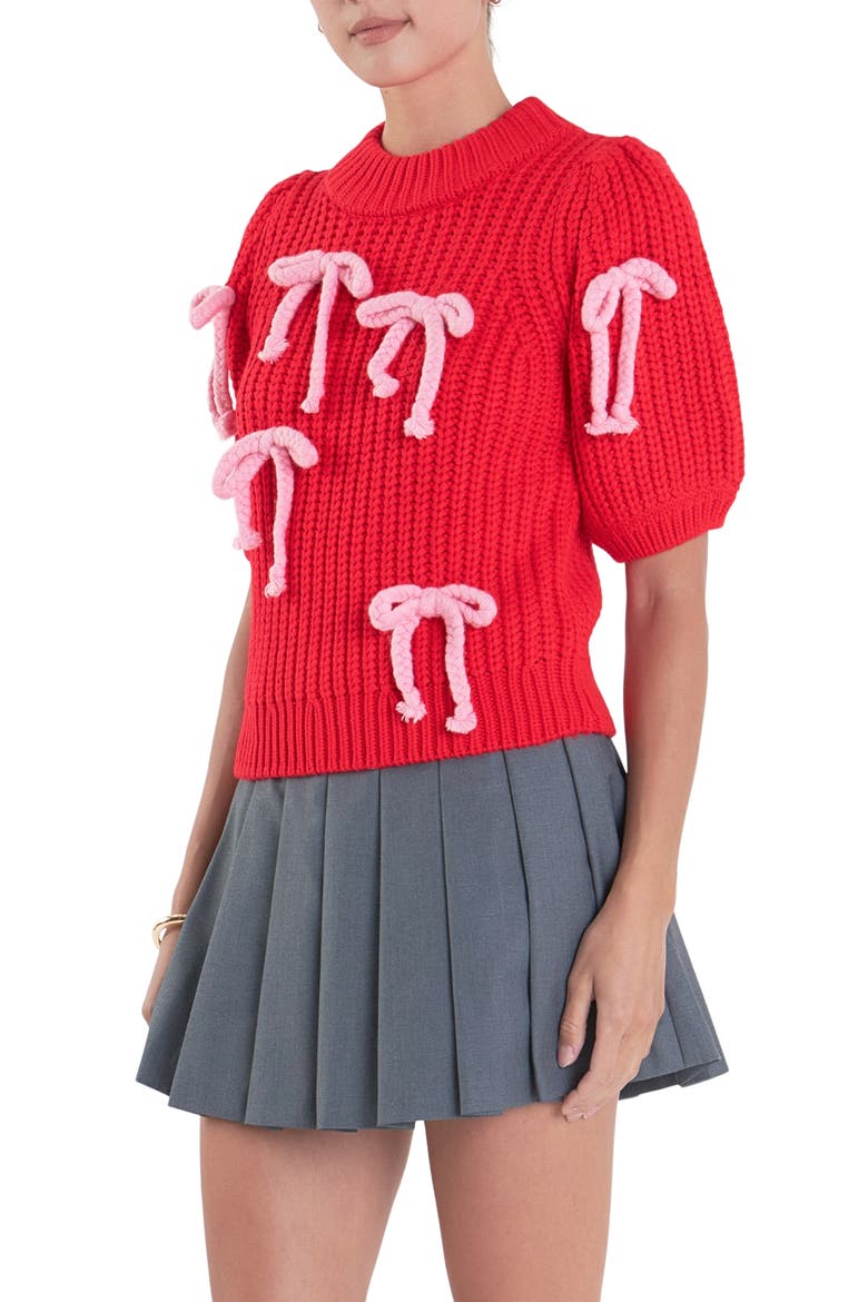 Bow Embellished Puff Sleeve Sweater, Alternate, color, RED
