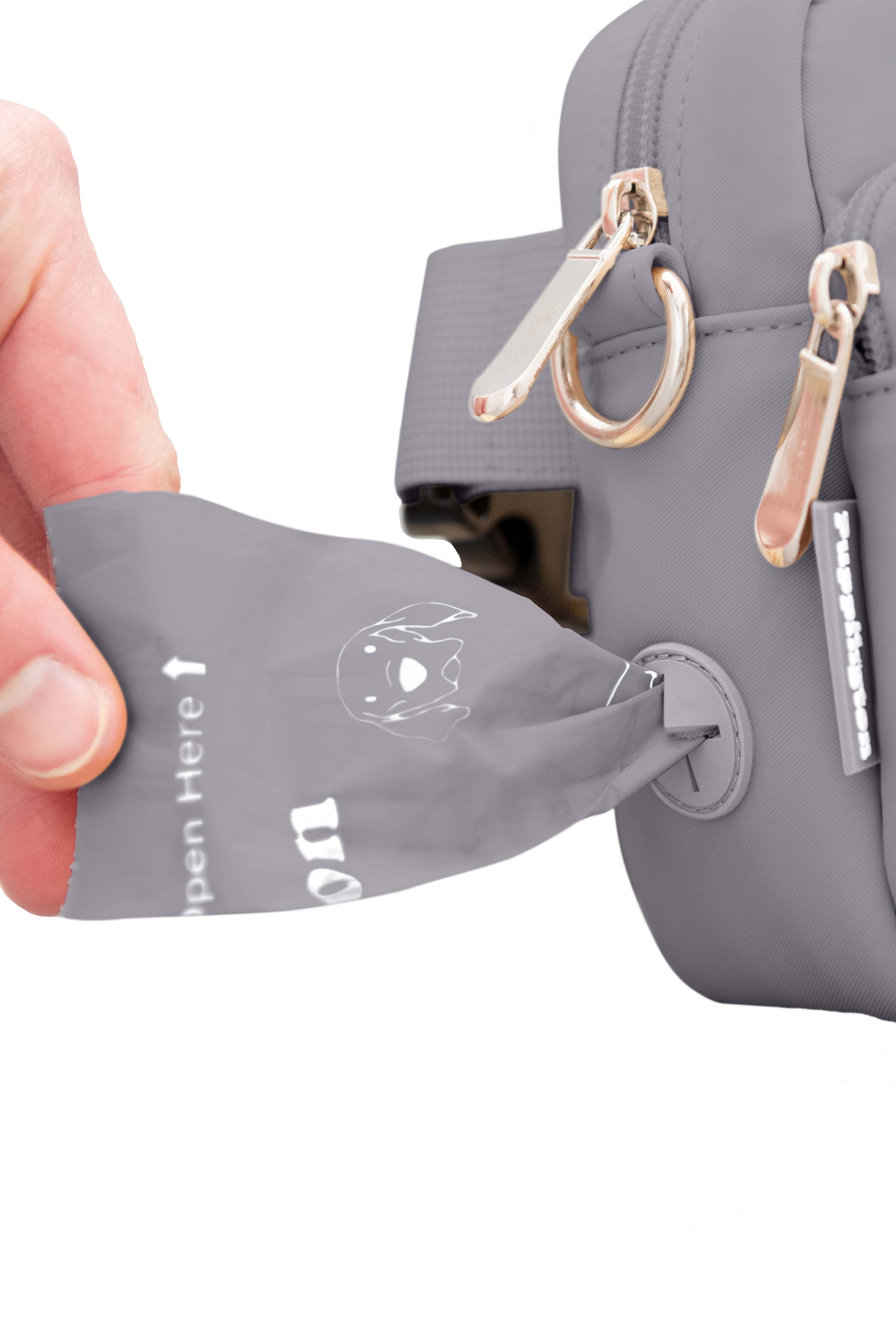 Puppington Walk Star Kit 3-in-1 Dog Walk Bag, Bowl, & Leash plus Matching 90 Refill Dog Poop Bags, Alternate, color, Charcoal Gray