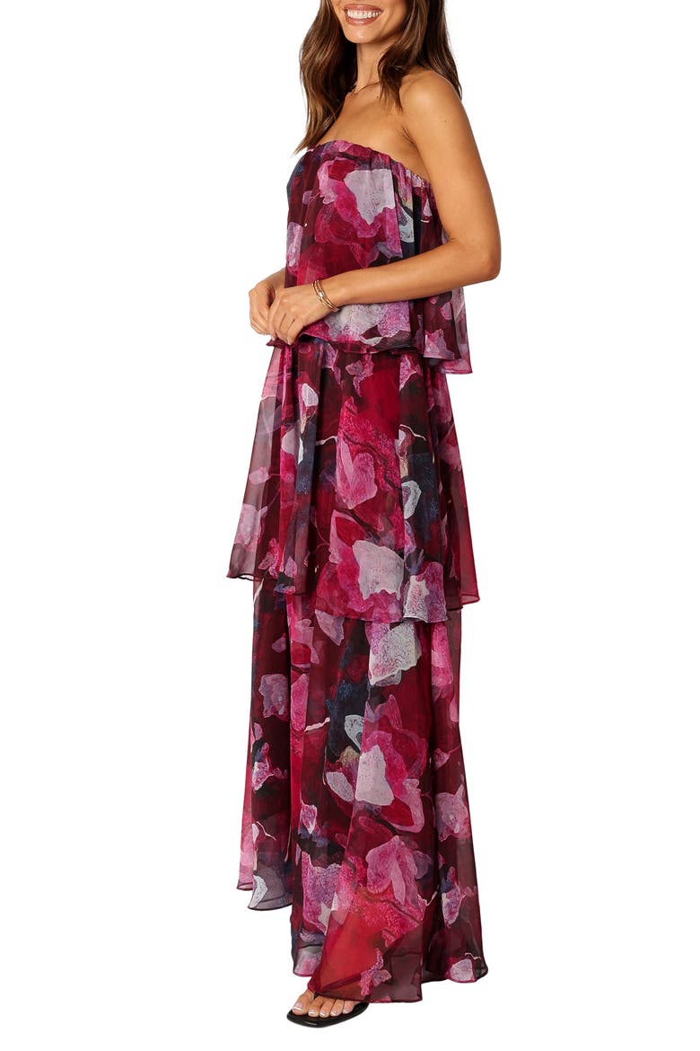 Bloom Strapless Tiered Chiffon Maxi Dress, Alternate, color, PURPLE FLORAL