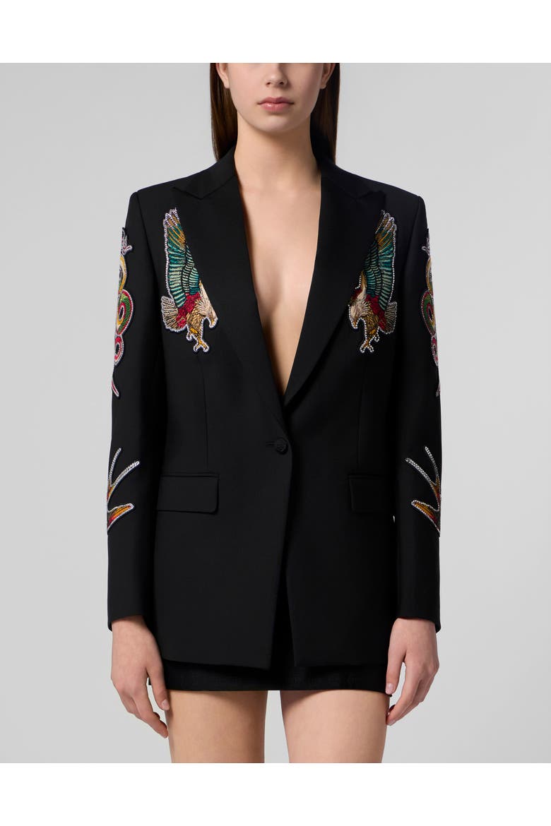 Boyfriend's Fit Blazer Tattoo Patches Women, Main, color, black