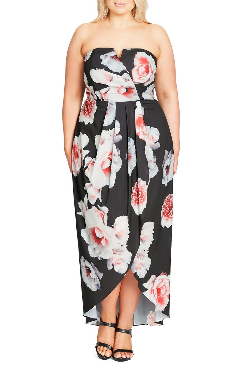 City Chic 'Open Rose' Print Tulip Hem Maxi Dress, Alternate, color, 