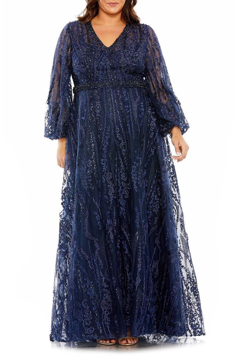 V-Neck Puff Sleeve Embroidered A Line Gown, Main, color, MIDNIGHT