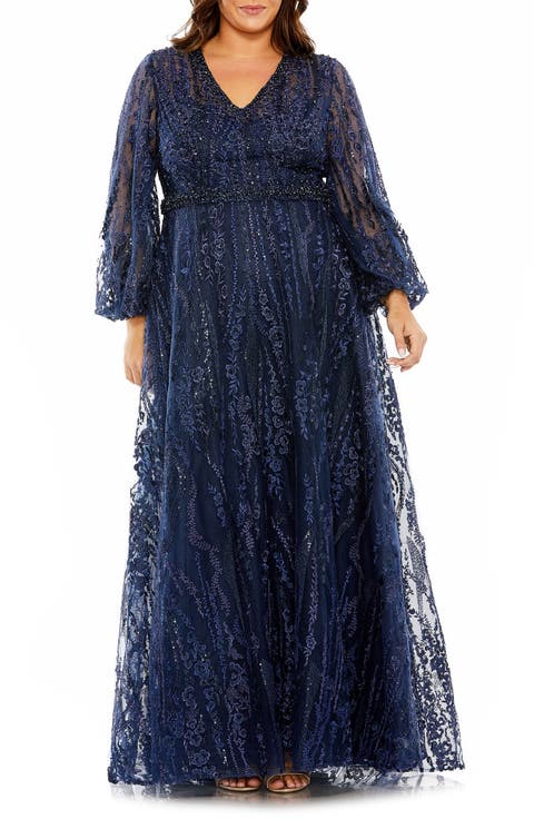 V-Neck Puff Sleeve Embroidered A Line Gown