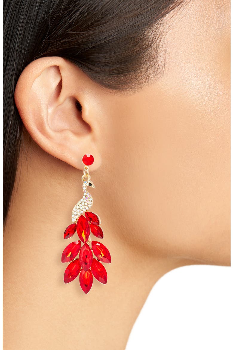 Peacock Dangle Drop Earrings, Alternate, color, RED