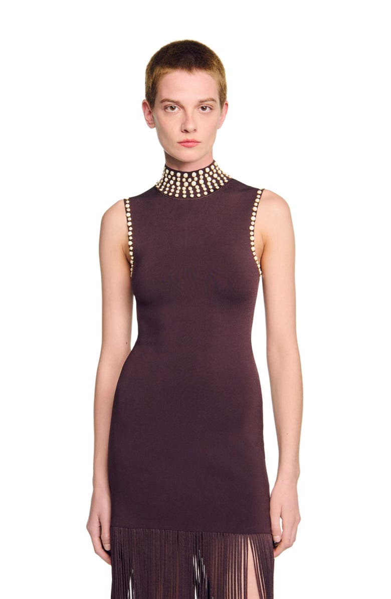 SANDRO Fringed knit midi dress, Alternate, color, Brown