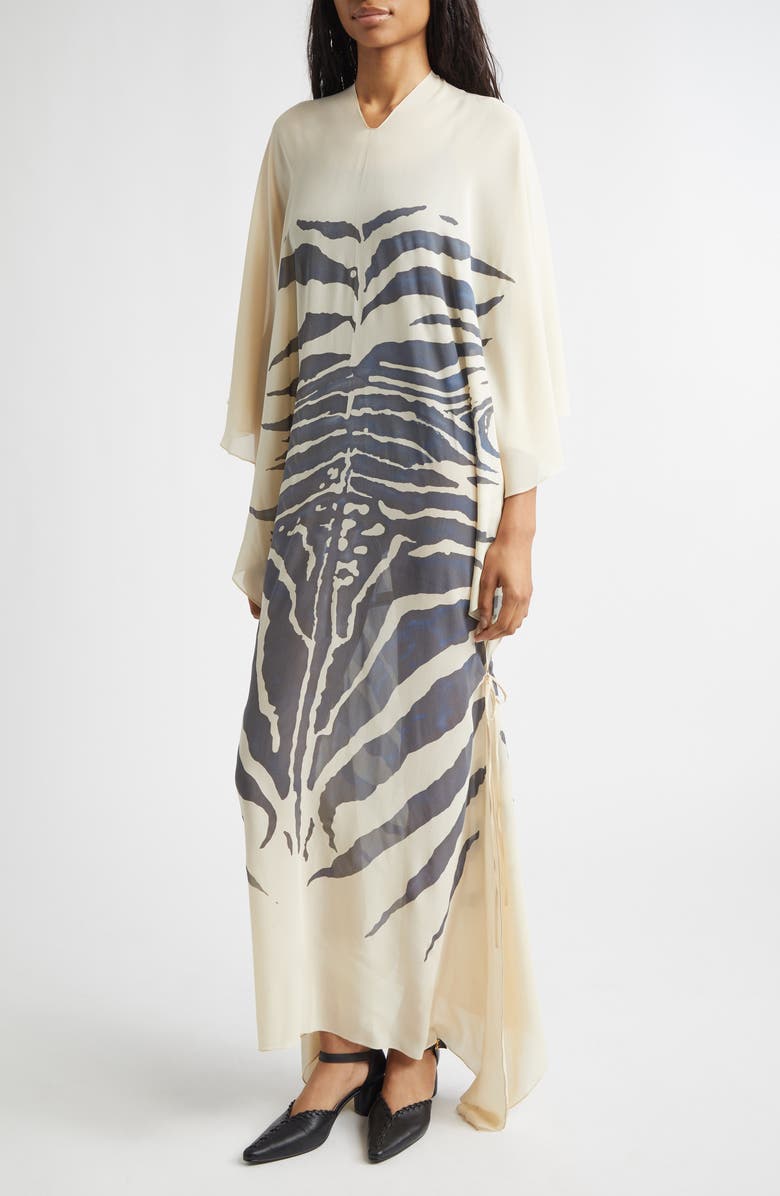 CONNER IVES Hand Painted Zebra Print Long Sleeve Silk Chiffon Caftan, Alternate, color, Pebble