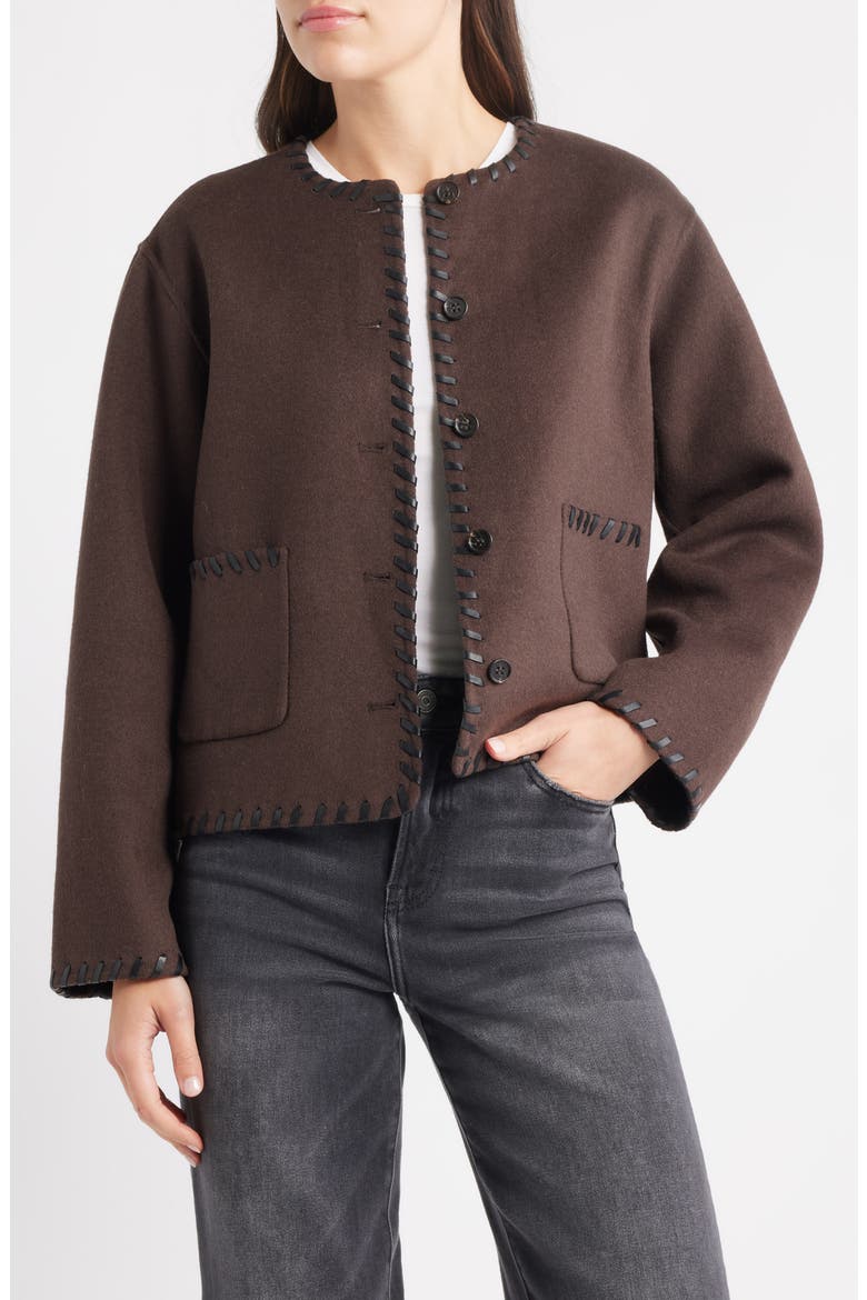 Melanie Leather Whipstitch Wool Blend Jacket, Main, color, DARK BROWN