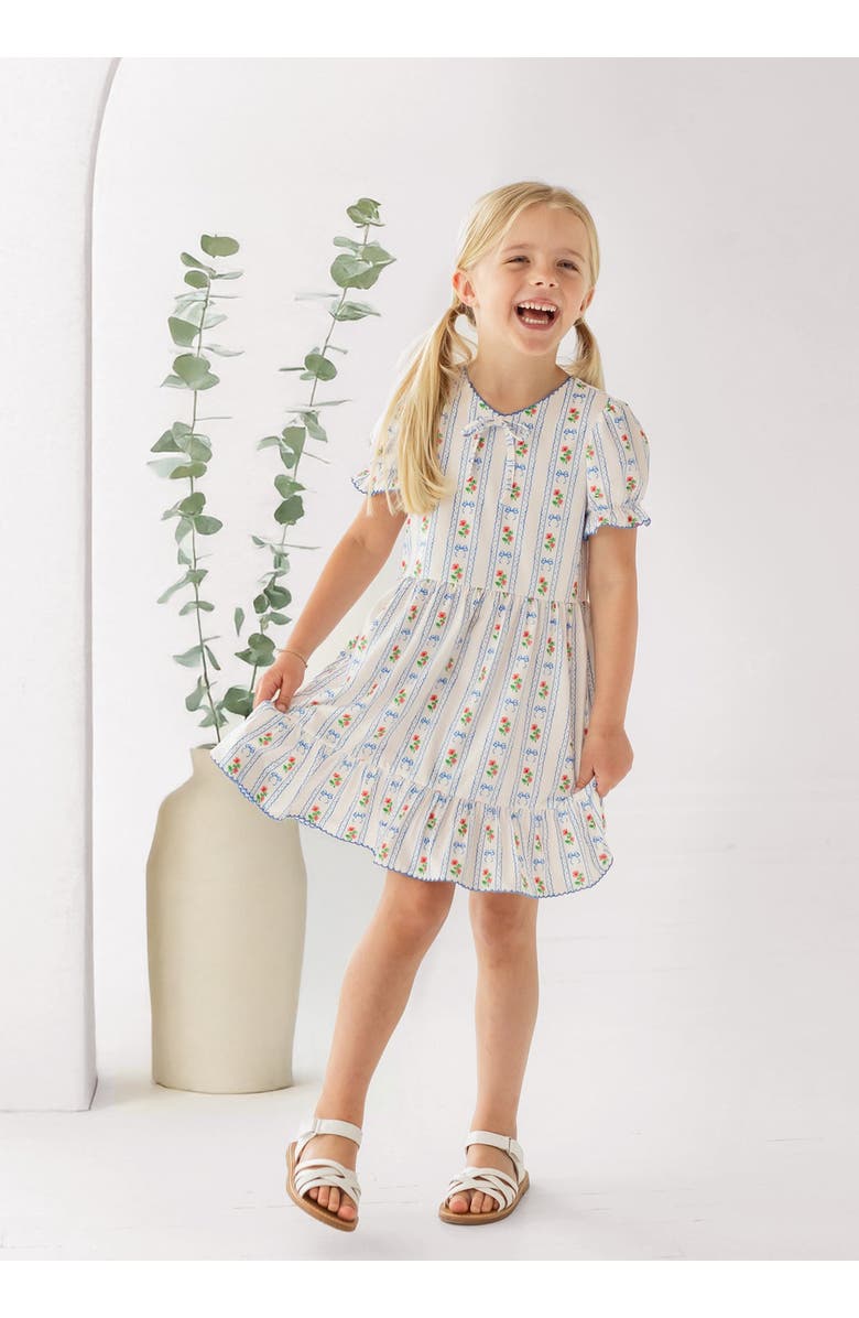 Mabel + Honey Blooms and Bows Short Gathered Ruffle Sleeve Dress, Alternate, color, Blue