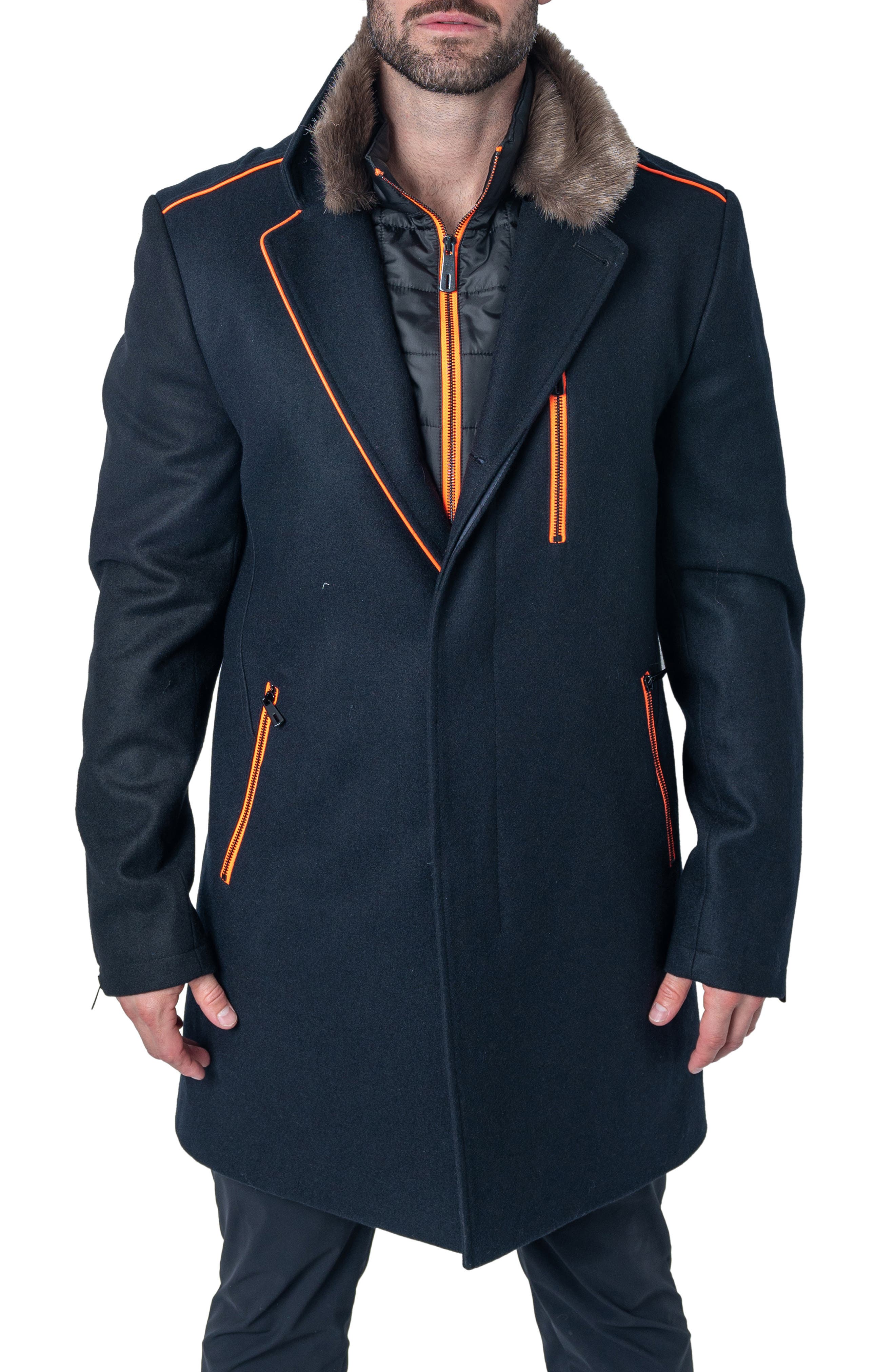 Maceoo Captainorange Faux Fur Trim Wool Peacoat