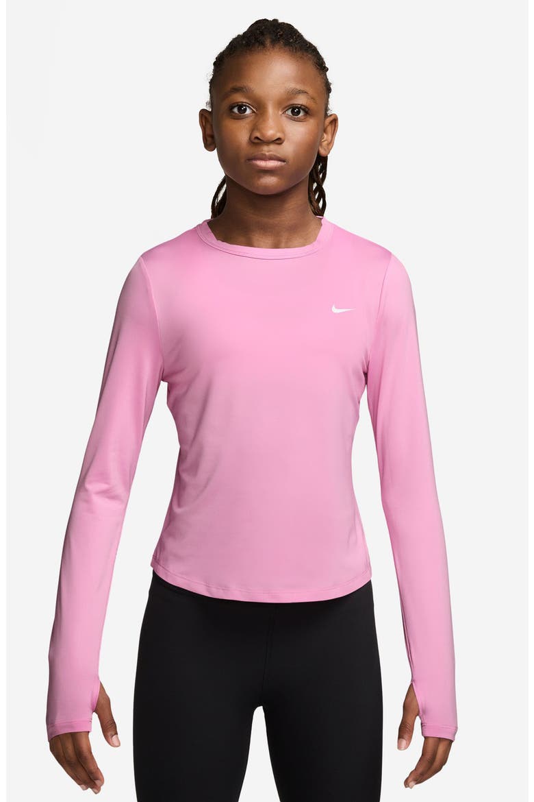Kids' Dash Logo Dri-FIT Long Sleeve Graphic T-Shirt, Main, color, PINK RISE/ WHITE
